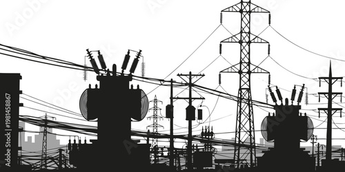 Urban power distribution silhouette with electrical towers and transformers electricity transformer infrastructure electric transmission silhouette engineering distribution technology