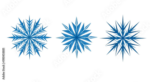 Three Blue Snowflakes Isolated on White Background, Winter Season Icons