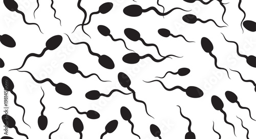 Sperm cell pattern of many swimming black spermatozoon icons moving in different directions for reproductive health medical illustration.