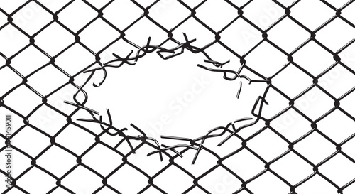 Torn chain link fence with a hole in middle.