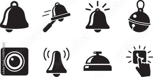 Notification bell icon set featuring different alert sounds ringing symbols service desk bells and call buttons for website interface.