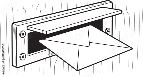 Mailbox slot with envelope vector illustration of letter being delivered through door mail hole for communication and delivery design.