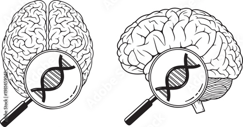 Set of medical illustrations with human brain and dna icon in magnifying glass in black and white colors.