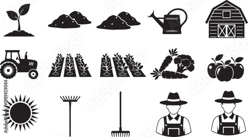 Farming icons collection with agriculture tools tractor barn farmer plants and fresh vegetables for garden or rural industry project.