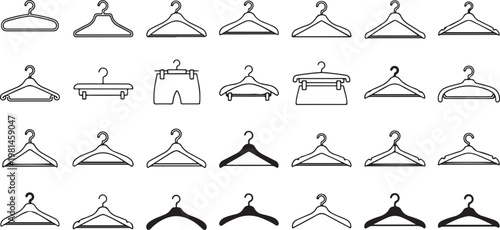 Collection of different clothes hangers in black and white colors perfect for fashion and laundry topics.