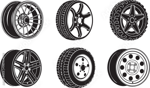 Collection of various car wheels with tires in black and white colors on transparent background.