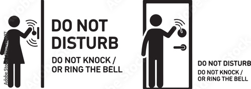 Signage indicating do not disturb with icons of people ringing doorbell or knocking on door.