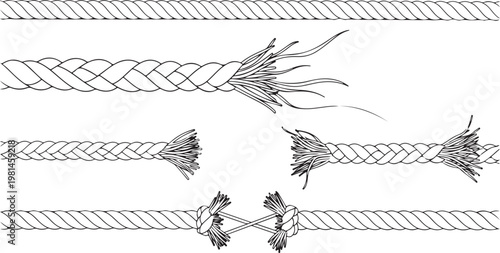 illustrated rope in different states of damage and intactness showing strands and knots on transparent background.