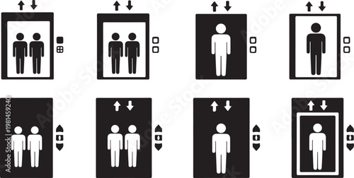 set of elevator icons depicting people entering and exiting, moving up and down, on transparent background.