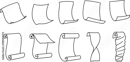 Paper scrolls and sheets illustration showing different curling effects and folded designs for antique message or artistic stationery.