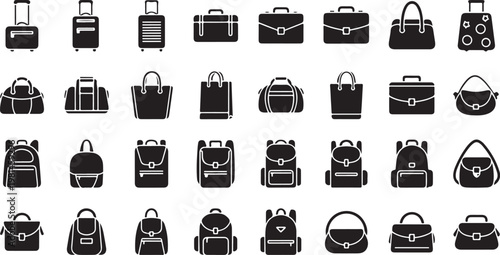 Set of black and white luggage, bags, suitcases, portfolios, backpacks, handbags, and travel cases, vector illustration.