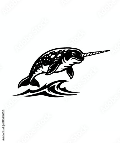 A detailed black and white illustration of a majestic narwhal swimming forward with its long pointed tusk