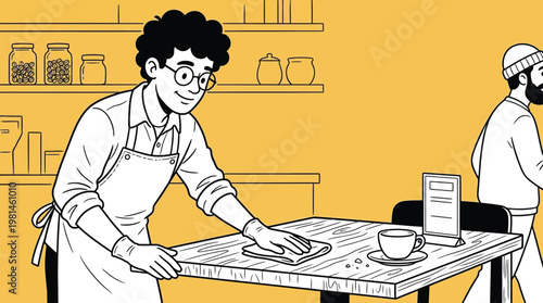Male Waiter Wearing Apron Cleaning Wooden Table in Modern Cafe Line Art Illustration