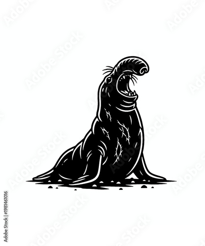 Fierce black and white vector illustration of an aggressively roaring sea lion, baring sharp teeth in a bold graphic style.