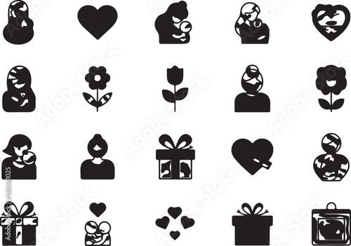 Mother and child silhouette icons collection with nesting doll baby carrier black and white silhouette celebration graphics illustration minimalist collection resource