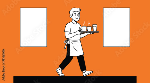 Minimalist Illustration of a Friendly Waiter Carrying a Tray of Hot Coffee in a Modern Cafe Setting