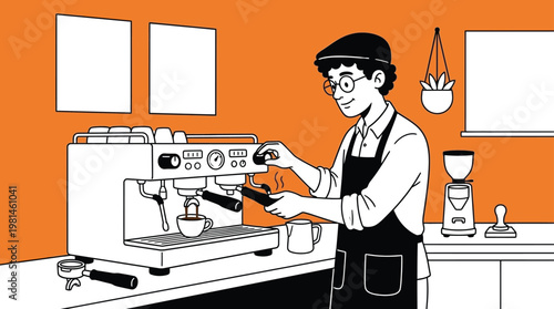 Male barista in an apron preparing fresh espresso with a professional coffee machine in a minimalist cafe