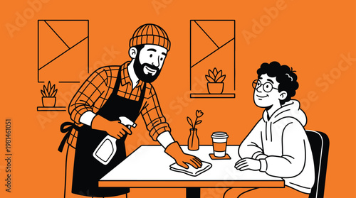 Professional Cafe Staff Cleaning Table with Spray Bottle in Flat Line Art Illustration for Hygiene Standards