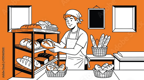 Young Professional Baker Arranging Fresh Bread on Display Rack in Minimalist Bakery Shop Illustration