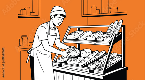 Young Professional Baker Arranging Freshly Baked Artisan Bread on a Display Shelf in a Modern Bakery
