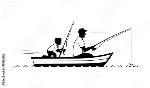 Father and son fishing boat silhouette side view vector illustration peaceful family activity design