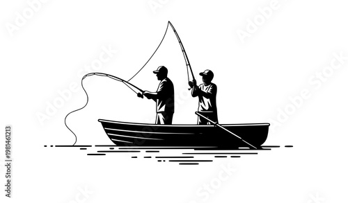 Father and son fishing together in boat silhouette dynamic family outdoor vector illustration