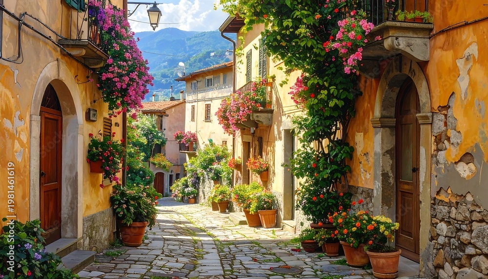 Obraz premium A serene Italian cobblestone alleyway lined with vibrant flowers and lush greenery