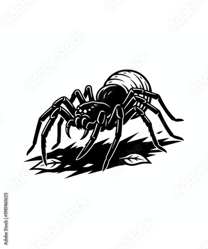 Striking black and white illustration of a large, detailed spider with glowing eyes and intricate legs, crawling.