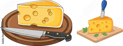 Cheese Food Set with Sliced Block Knife and Cutting Board Dairy Product Illustration Collection for Cooking Kitchen and Gourmet Design