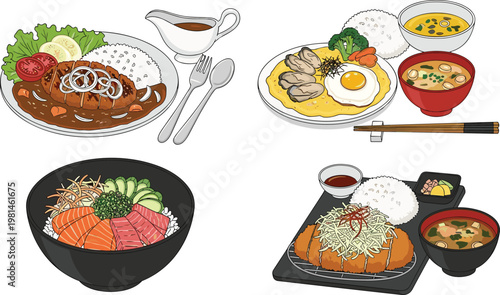 Japanese Meal Set with Curry Rice Omelette Tonkatsu and Sashimi Bowls Traditional Asian Cuisine Illustration Collection for Restaurant Menu Design