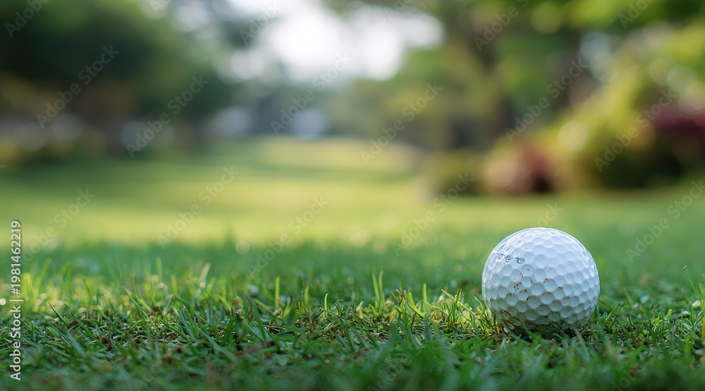Obraz premium Golf ball resting on grass with out-of-focus background trees and sunlight