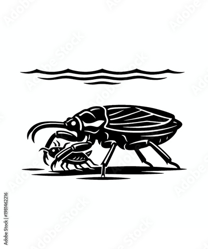 Detailed black and white vector illustration depicting a large beetle standing beside a much smaller juvenile insect