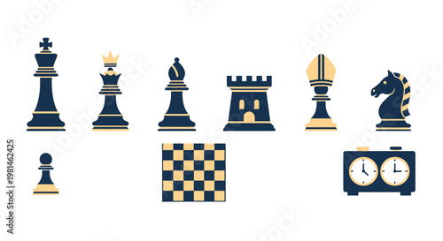 Chess Set Pieces and Board Icons: King, Queen, Bishop, Rook, Knight, Pawn, Clock