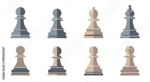 Chess Pieces Icons Set: Pawns and Bishops in Flat Design, Isolated on White