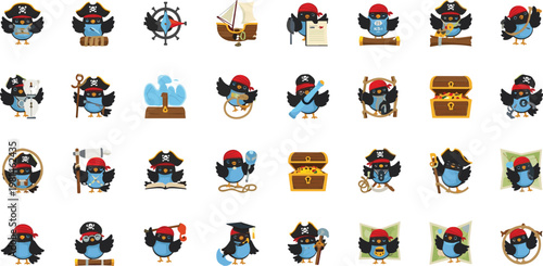 Pirate Crow Character Icon Set with Cartoon Birds Treasure Chest Map Ship and Adventure Elements Illustration Collection