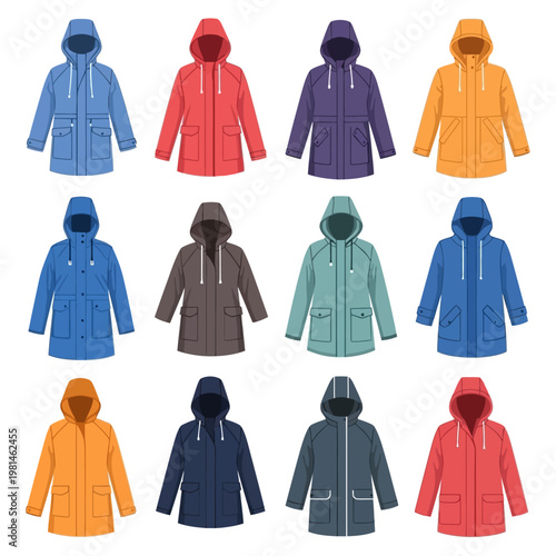 Collection of Colorful Hooded Raincoats for Men and Women, Isolated on White Background