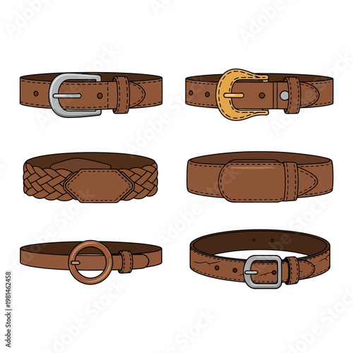 Collection of Brown Leather Belts with Different Buckles on White Background
