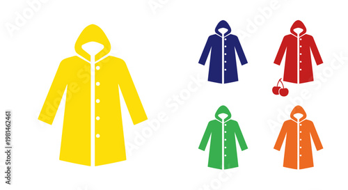 Collection of colorful raincoats and a pair of cherries, vector illustration