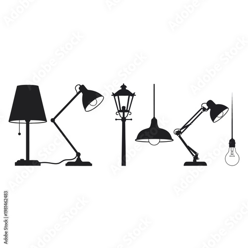 Collection of Diverse Lamp Silhouettes: Desk Lamps, Street Lamp, Pendant, and Bulb