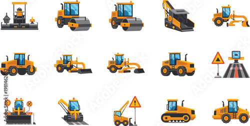 Road Construction Machinery Icon Set with Roller Grader Excavator Asphalt Paver and Traffic Warning Symbols Illustration