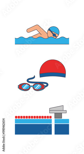 Swimming Competition Elements: Swimmer, Goggles, Cap, and Starting Block