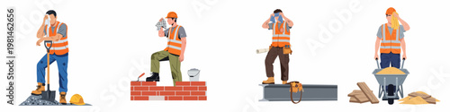 Set of exhausted construction workers suffering from heat stress, wiping sweat while working in hot conditions with safety gear and tools.