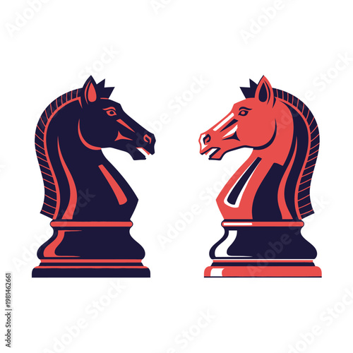 Two chess knights facing each other, red and blue, strategy concept