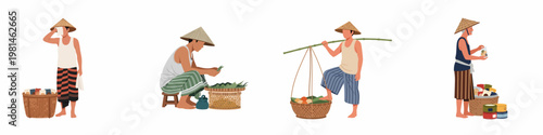 Vector illustration set of traditional Southeast Asian street vendors wearing conical hats, carrying baskets, and selling local goods on a white background.
