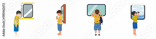 Illustrations of a young boy during a travel journey, featuring scenes of looking out train windows, drinking juice, and using binoculars.
