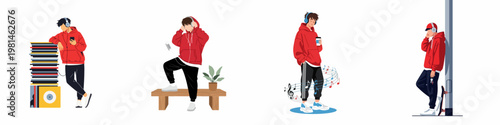 Set of illustrations of a young man in a red hoodie wearing headphones, listening to music in various urban settings.