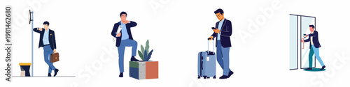 Set of flat vector illustrations depicting a businessman's daily routine, including waiting, planning, traveling with luggage, and entering a modern office building.