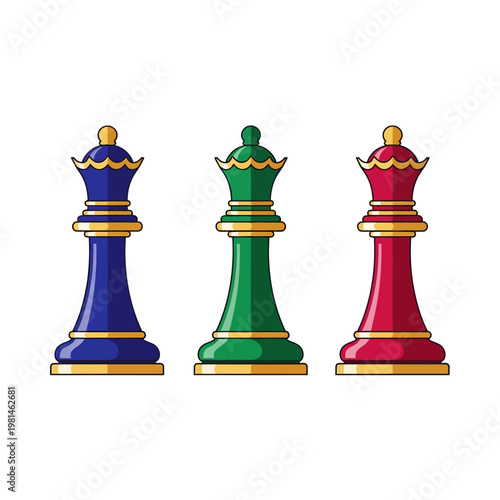 Three colorful chess queens in blue, green, and red, isolated on white background
