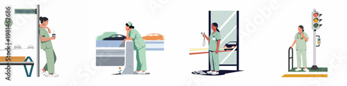 Illustration of tired female healthcare workers in scrubs in various urban settings, reflecting on the challenges and fatigue of the medical profession.