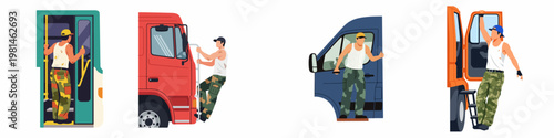 Set of flat illustrations featuring truck and van drivers in workwear getting into their vehicles, isolated on white background.